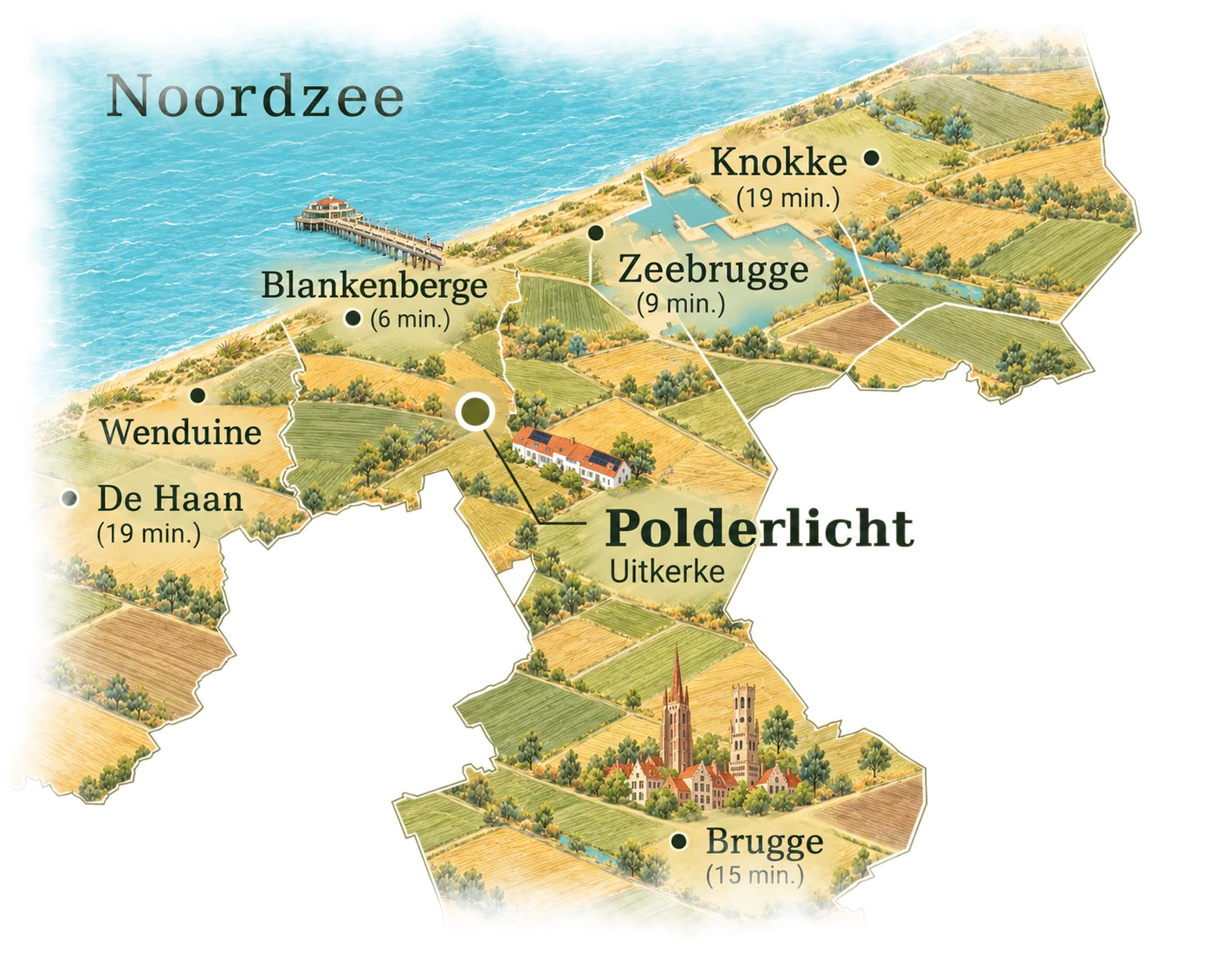 UitkerkeにあるPolderlicht、周辺の海辺の町、ブルージュを示す概略地図。車での所要時間の目安は、Blankenbergeまで6分、Zeebruggeまで9分、De HaanとKnokkeまでそれぞれ19分です。