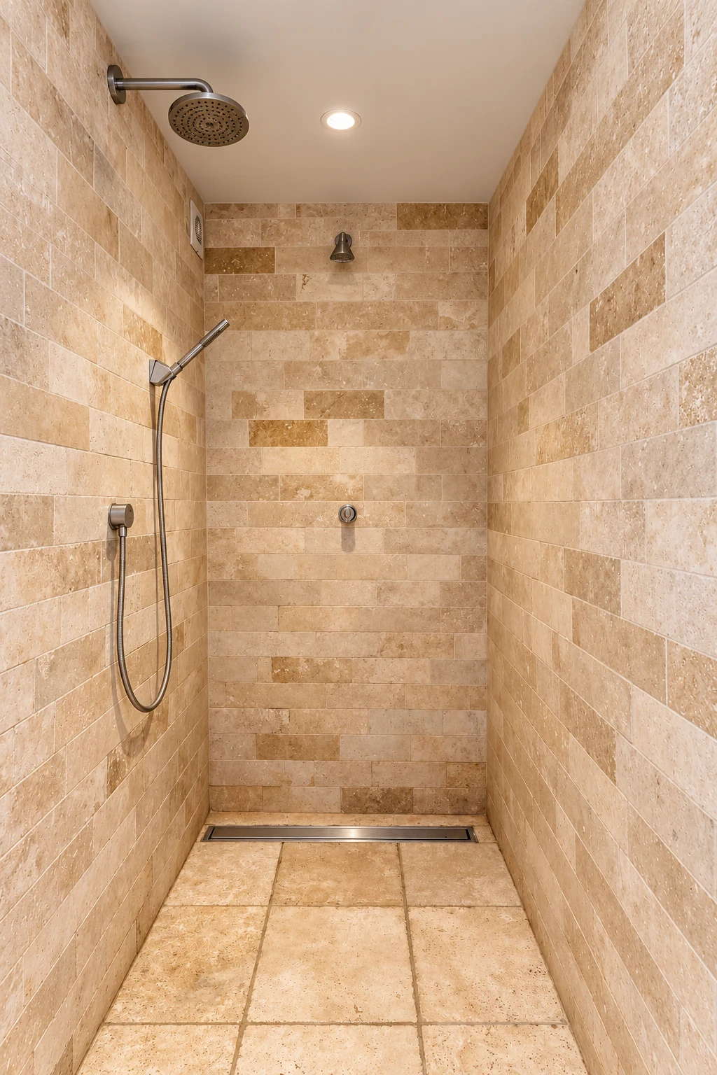 Ducha a ras de suelo con rociador de lluvia y piedra natural en la sauna
